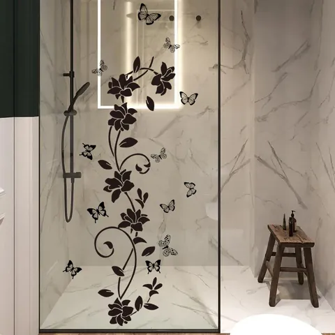 Black Floral Butterfly Bathroom Wall Sticker PVC Waterproof Self Adhesive Vine Flower Decal For Toilet Bathtub Glass Door Bedroom Home Decor