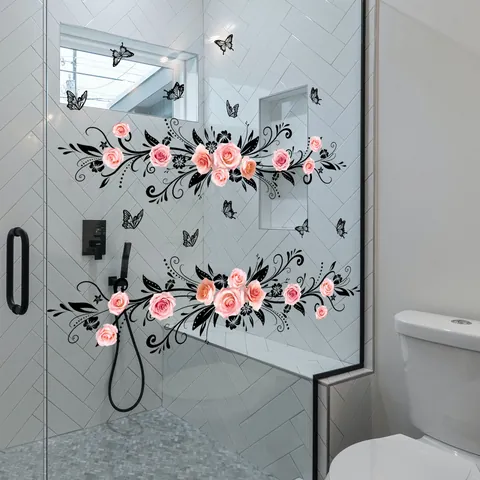 Pinke Rose Schmetterling Blumenranke Wandtattoo PVC Wasserdicht Selbstklebend Spiegel Glas Aufkleber Für Badezimmer Haus Deko
