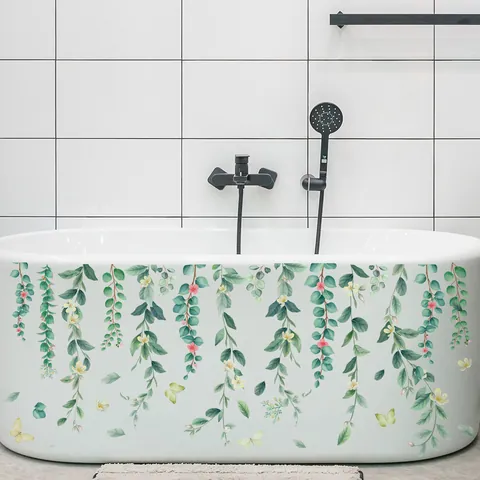 Green Vines Flowers Butterflies Wall Decal PVC Waterproof Bathtub Sticker Modern Minimalist Home Decor For Bathroom Living Room