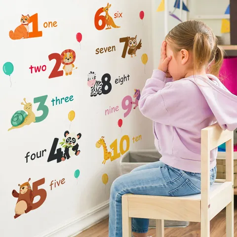 Pegatinas de Pared de Números Animales Dibujos Animados PVC Impermeable Removible para Habitación Infantil Decoración