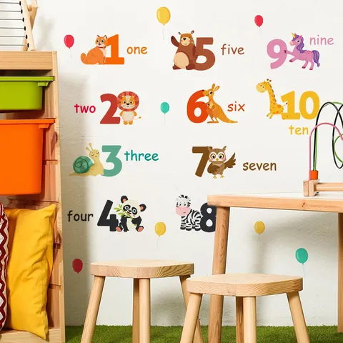 Pegatinas de Pared de Números Animales Dibujos Animados PVC Impermeable Removible para Habitación Infantil Decoración