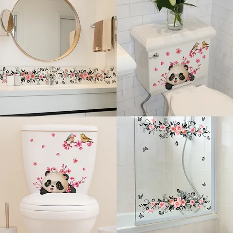 Stickers Muraux Panda de Dessin Animé Rose Papillon Fleur Vigne Autocollants en PVC Imperméable pour Salle de Bain Maison