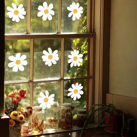 Daisy Window Stickers Floral Glass Decal White Yellow Flower PVC Static Cling Mirror Window Living Room Bathroom Decor