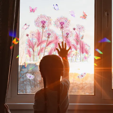 Rainbow Suncatcher Window Film Static Cling PVC Pink Dandelion Butterfly Prism Decal Home Glass Decoration Holographic Effect