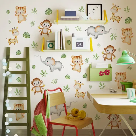 Aquarel Jungle Dieren Muurstickers Tijger Olifant Giraf Aap Bladeren PVC Decals Voor Kinderkamer Decoratie