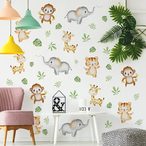 Aquarel Jungle Dieren Muurstickers Tijger Olifant Giraf Aap Bladeren PVC Decals Voor Kinderkamer Decoratie