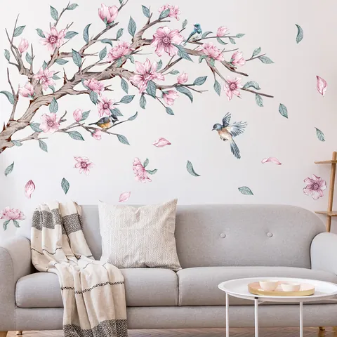 Pink Magnolia Flower Branch Bird Wall Stickers Watercolor DIY Vinyl Mural For Living Room Bedroom Home Decor
