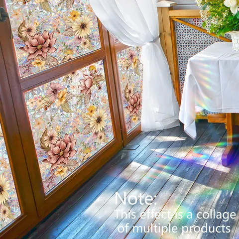 Película Privacidad Ventanas Flores Vintage PVC Estática Autoadhesiva Pegatina Vidrio Esmerilado Casa Oficina Dormitorio Decorativo Arcoíris