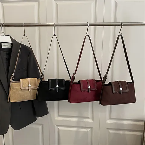 Bolso de Hombro de Cuero PU Vintage para Mujer Minimalista Esmerilado Empalme Bolso Bandolera Color Sólido Bolso de Axila Hebilla de Metal