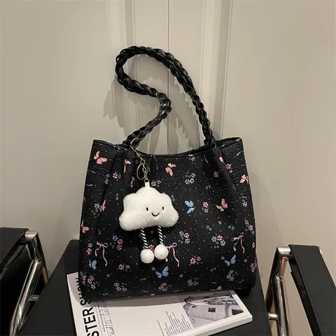 Women Fashion Quilted Tote Bag Floral Butterfly Print Large Capacity Handbag With Woven Handle And Plush Cloud Pendant