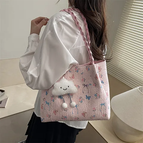 Women Fashion Quilted Tote Bag Floral Butterfly Print Large Capacity Handbag With Woven Handle And Plush Cloud Pendant