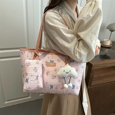 Korean Style Floral Butterfly Large Capacity Tote Bag And Small Pouch With Cloud Keychain Textured Jacquard Shoulder Bag For Women