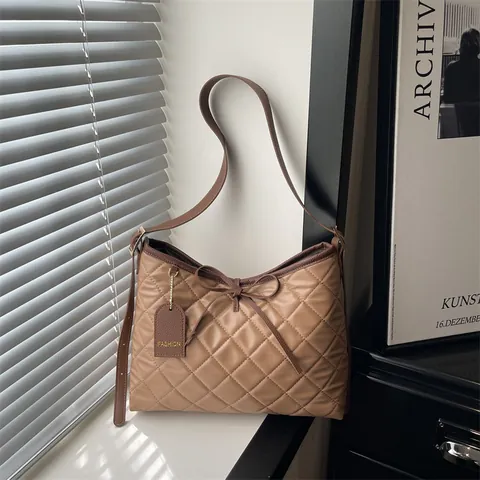 Vintage Gesteppte Rautenmuster Tragetasche Für Damen PU Leder Große Kapazität Schultertasche Mit Schleife Pendler Handtasche