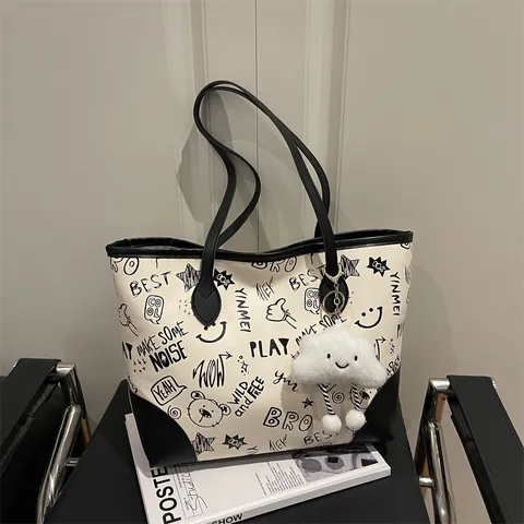 Women Fashion Graffiti Print Tote Bag Large Capacity PU Leather Shoulder Bag Casual Commuter Handbag With Plush Cloud Charm