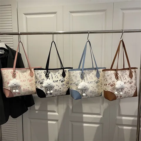 Women Fashion Graffiti Print Tote Bag Large Capacity PU Leather Shoulder Bag Casual Commuter Handbag With Plush Cloud Charm