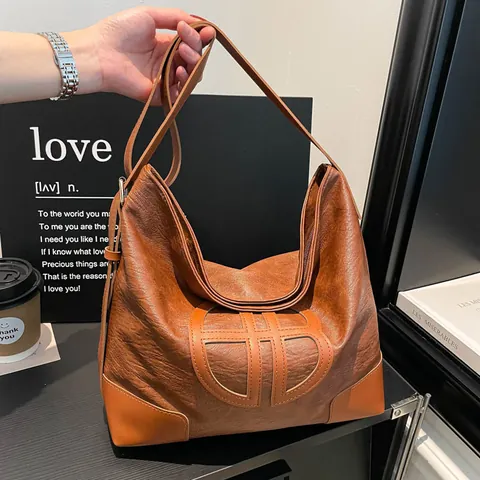 Vintage Große Kapazität Tote Bag Für Damen PU Leder Urban Simple Style Schulter Umhängetasche Hobo Tasche Mit Rundem Geometrischem Logo Pendler Handtasche