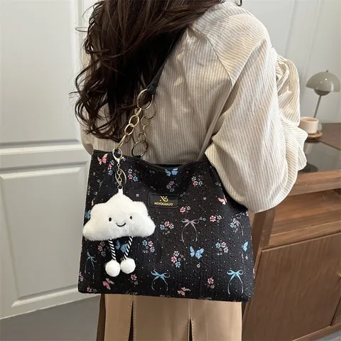 Borsa Tote Donna Dolce Farfalla Floreale Grande Capacità Tessuto Jacquard Tracolla Con Ciondolo Nuvola Peluche Catena