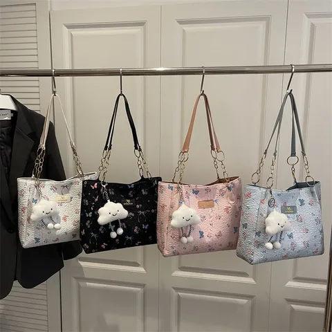 Borsa Tote Donna Dolce Farfalla Floreale Grande Capacità Tessuto Jacquard Tracolla Con Ciondolo Nuvola Peluche Catena