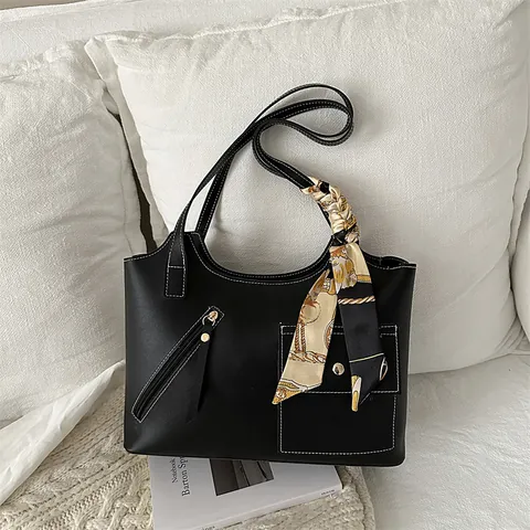 Vintage Women PU Leather Tote Bag Large Capacity Shoulder Bag With Satin Scarf Contrast Stitching Versatile Handbag