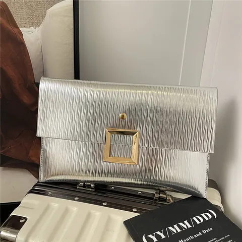 Mode Damen Gefaltete PU Leder Clutch Tasche Große Goldene Quadratschnalle Abend Umschlagtasche Für Hochzeit Party Bankett