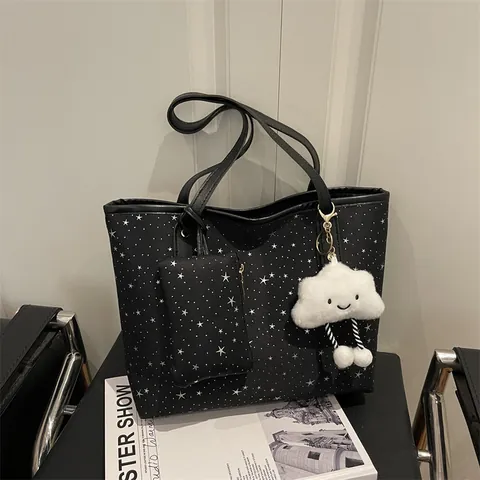 Large Capacity Star Print Tote Bag For Women With Pouch And Cloud Charm Casual Commuter Handbag Lady Shoulder Purse