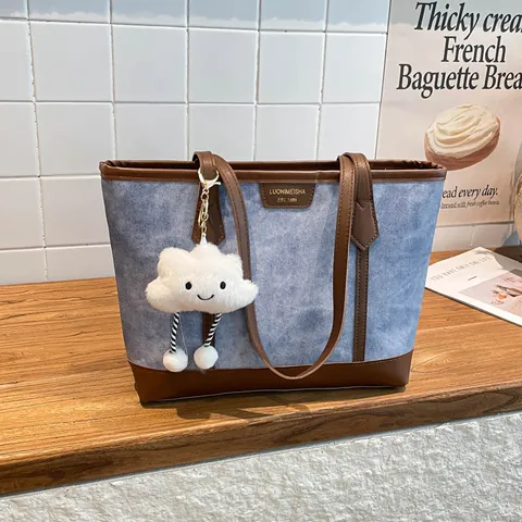 Large Capacity Colorblock Tote Bag For Women Retro PU Leather Canvas Shoulder Bag With Cloud Plush Charm Fashion Commuter Handbag