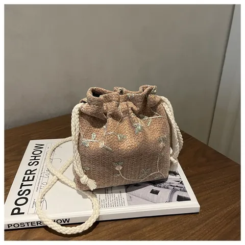 Women Woven Bucket Bag Floral Embroidery Drawstring Crossbody Bag With Cotton Rope Strap Pastoral Style Shoulder Bag