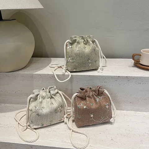Women Woven Bucket Bag Floral Embroidery Drawstring Crossbody Bag With Cotton Rope Strap Pastoral Style Shoulder Bag