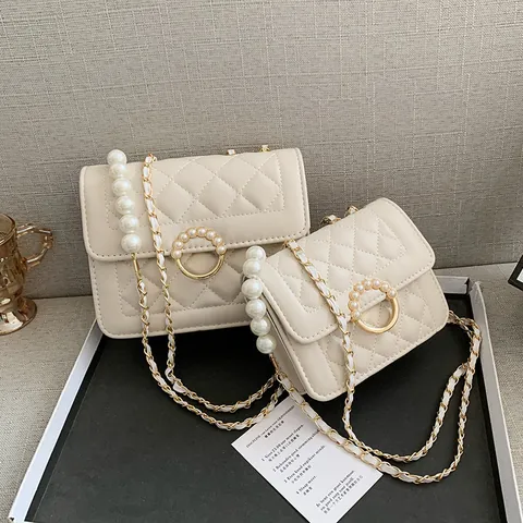 Dames Doorgestikte Schoudertas PU Leer Kunstparelgesp Kettingriem Crossbody Kleine Vierkante Tas Elegante Mode Handtas