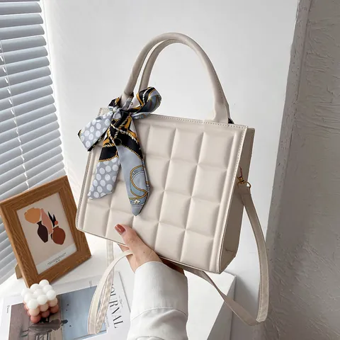 Quilted Grid Faux Leather Handbag With Satin Scarf For Women Square Shoulder Crossbody Bag Daily Commute Tote Messenger