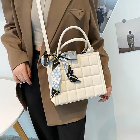 Quilted Grid Faux Leather Handbag With Satin Scarf For Women Square Shoulder Crossbody Bag Daily Commute Tote Messenger