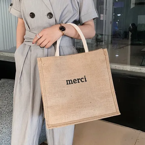 Large Capacity Jute Burlap Tote Bag For Women Minimalist Merci Print Handbag Korean Fashion Shopping Bag Khaki Burlap Purse