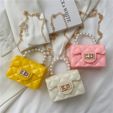 Women's Mini Quilted Jelly Crossbody Bag With Pearl Handle Fashion Metal Chain Strap Elegant Small Square Handbag For Daily Use