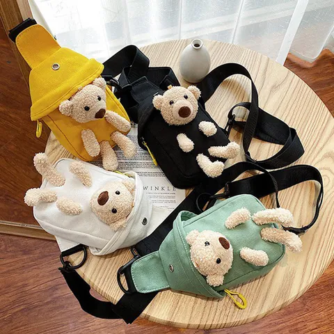 Cute Plush Bear Canvas Crossbody Bag For Women Girls Sweet Adjustable Strap Zipper Small Chest Bag Lightweight Casual Daypack