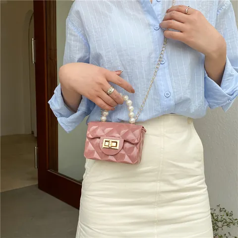 Women's Mini Quilted Jelly Crossbody Bag With Pearl Handle Fashion Metal Chain Strap Elegant Small Square Handbag For Daily Use