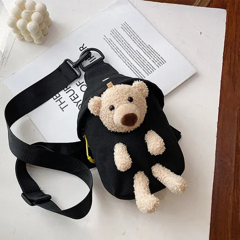Cute Plush Bear Canvas Crossbody Bag For Women Girls Sweet Adjustable Strap Zipper Small Chest Bag Lightweight Casual Daypack
