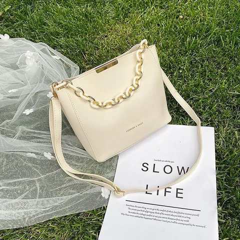Women Fashion PU Leather Bucket Crossbody Bag With Resin Chain Handle Metal Trim Small Square Shoulder Bag Daily Handbag