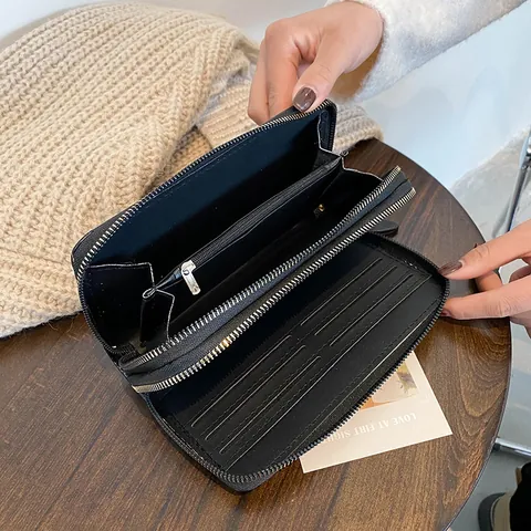 Women Double Zipper Long Wallet PU Leather Crocodile Embossed Pattern Large Capacity Clutch Purse Phone Bag Card Holder