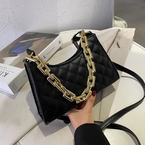 Women Quilted Rhombus Shoulder Bag Thick Gold Metal Chain Handle PU Leather Crossbody Bag Fashion Casual All-match Handbag