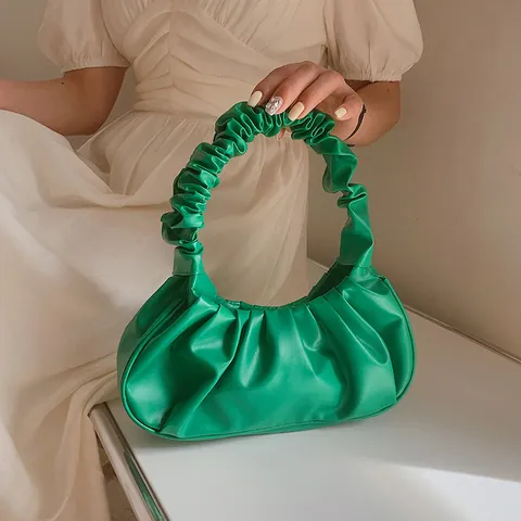 Moda Donna Tinta Unita Arricciata Borsa a Nuvola Piegghettata Minimalista in Pelle PU Borsa Sottobraccio a Tracolla