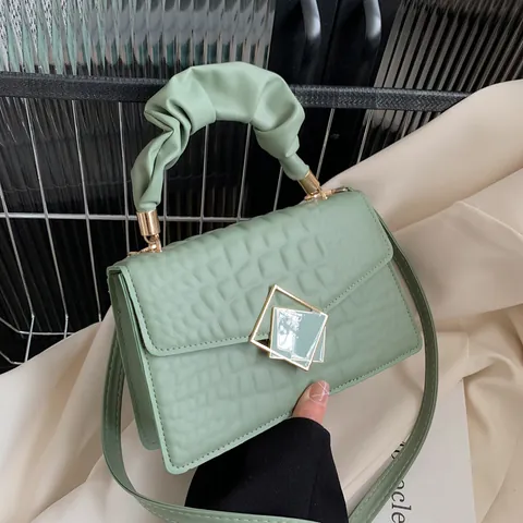 Sac Carré pour Femme en Cuir PU Motif Crocodile Avec Poignée Plissée et Boucle en Métal Doré Sac à Bandoulière Mode