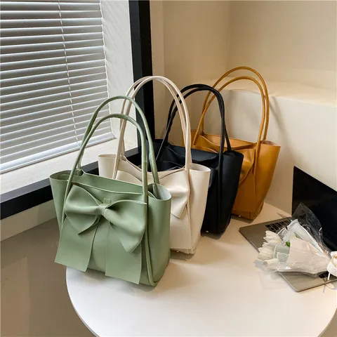 Bolso Tote de Cuero PU con Lazo Grande para Mujer Bolso de Hombro de Moda para Viaje Diario Color Sólido Elegante de Gran Capacidad