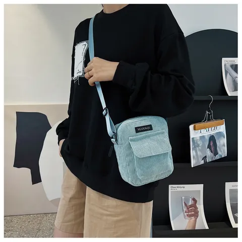 Women's Fashion Corduroy Crossbody Bag Casual Small Shoulder Purse Minimalist Square Handbag With Adjustable Strap