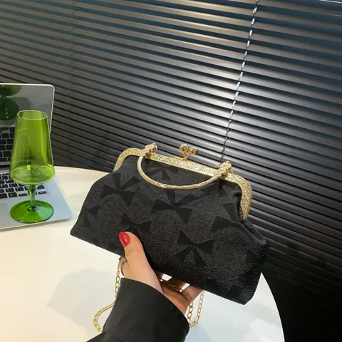 Sac de Soirée Rétro en Toile Fermoir Kiss Lock Nœud Jacquard Sac à Main Avec Poignée Florale Chaîne Métal Sac Bandoulière Femme Banquet