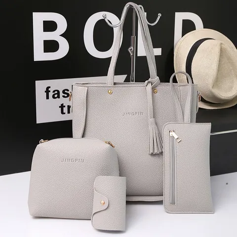 Women's 4-Piece Handbag Set Litchi Pattern PU Leather Tote Bag With Tassel Crossbody Bag Clutch Purse Card Holder Daily Fashion Shoulder Bag