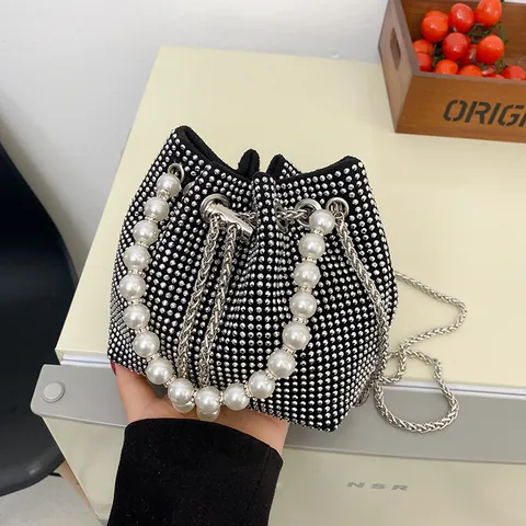 Women Luxury Rhinestone Bucket Bag With Faux Artificial Pearl Handle And Metal Chain Strap Shiny Drawstring Crossbody Shoulder Bag