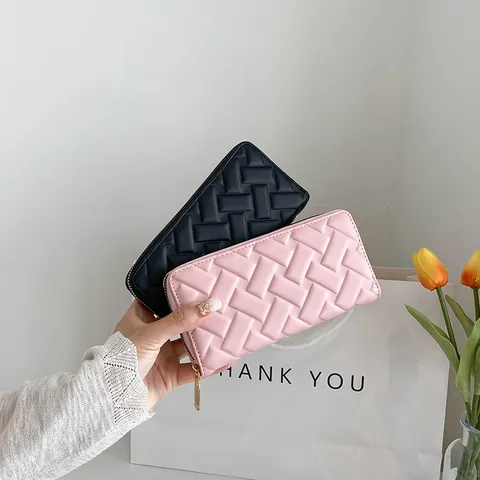 Women Fashion PU Leather Woven Long Wallet Zipper Clutch Handbag Card Holder Cash Organizer Daily Casual Purse
