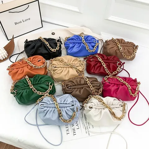 Damen Falten Wolkentrasche Mode PU Leder Unterachseltasche Umhängetasche Mit Dickem Goldkettengurt Alltag Handtasche
