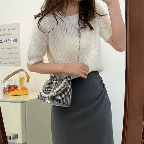 Women Luxury Rhinestone Bucket Bag With Faux Artificial Pearl Handle And Metal Chain Strap Shiny Drawstring Crossbody Shoulder Bag