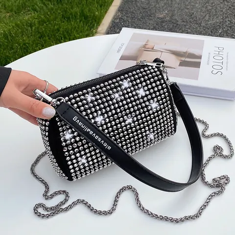 Women Fashion Rhinestone Chain Shoulder Bag Sparkly PU Leather Cylindrical Crossbody Bag Small Square Purse For Party Daily